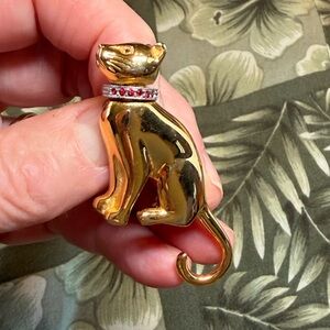 Vintage Gold Toned Cat Brooch With Ruby Gem Collar 2” Height